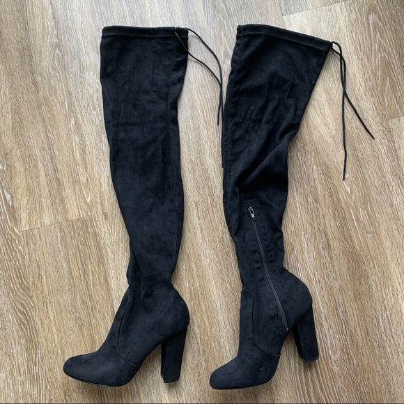 Lulus Shoes - So Much Yes Black Suede Over the Knee Boots